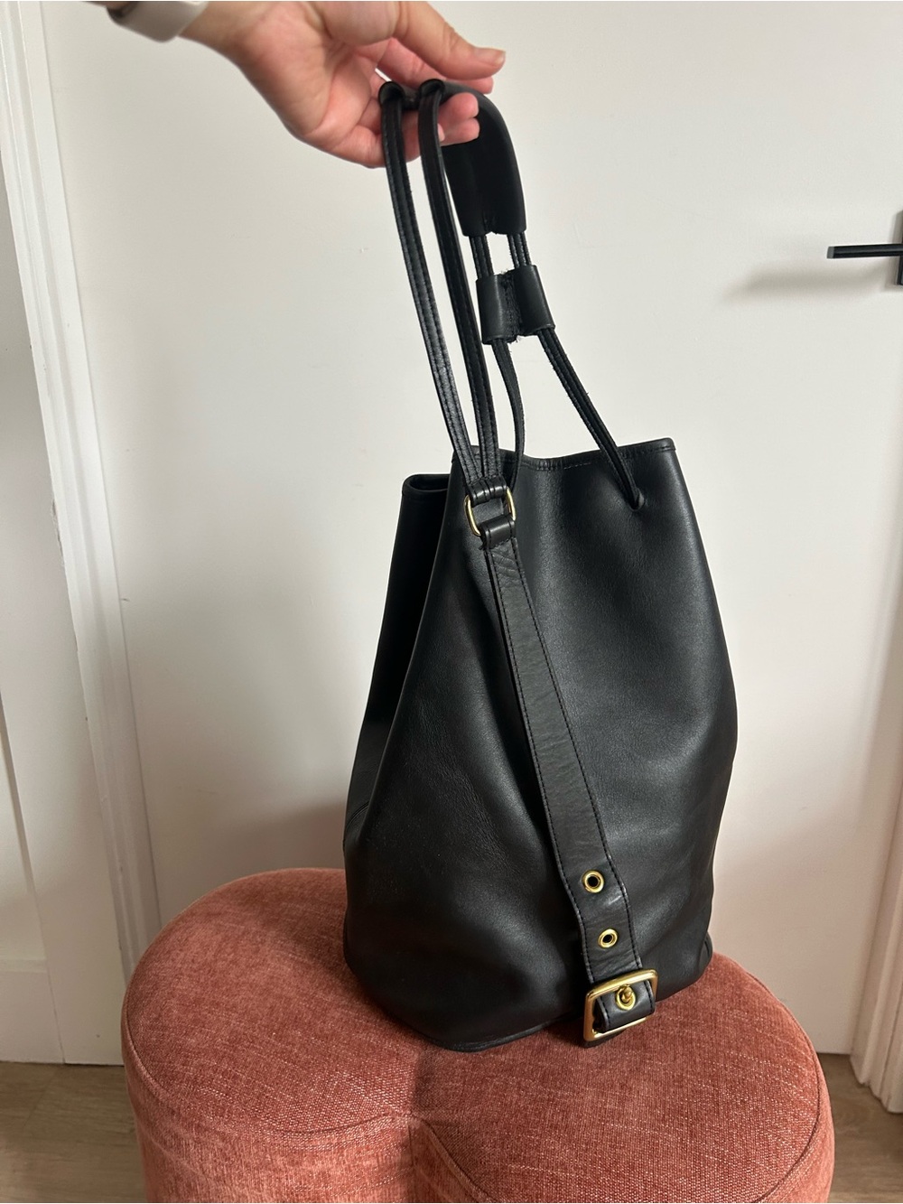 Black Leather Drawstring Bucket Bag